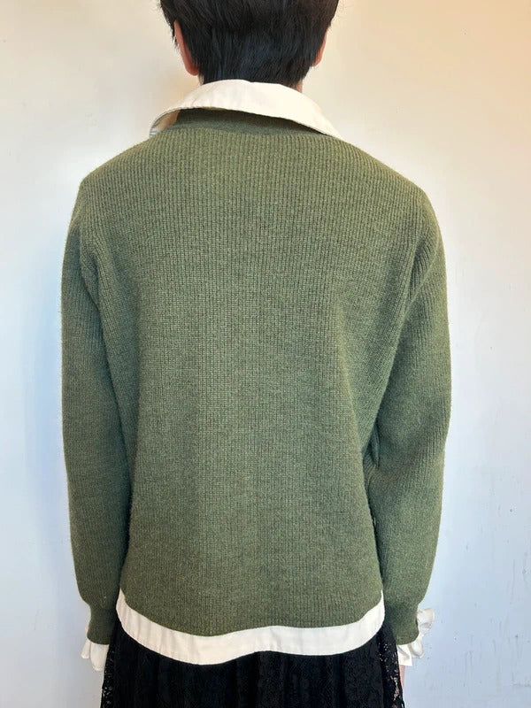 Korean Boutique Olive Green LayerKnit Cardigan Unisex L Preppy Soft Girl Style