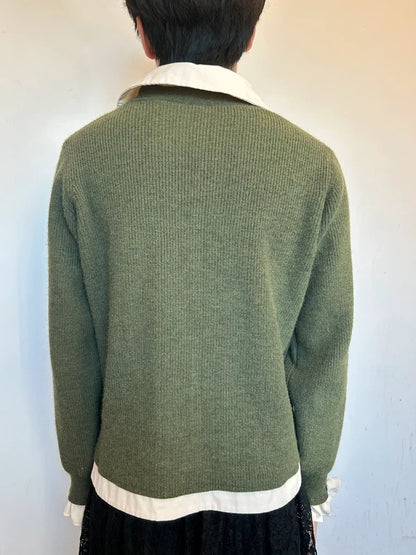 Korean Boutique Olive Green LayerKnit Cardigan Unisex L Preppy Soft Girl Style