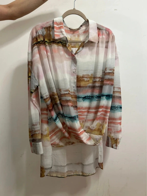 modern rarity watercolour drape blouse uk 16 sheer resort shirt