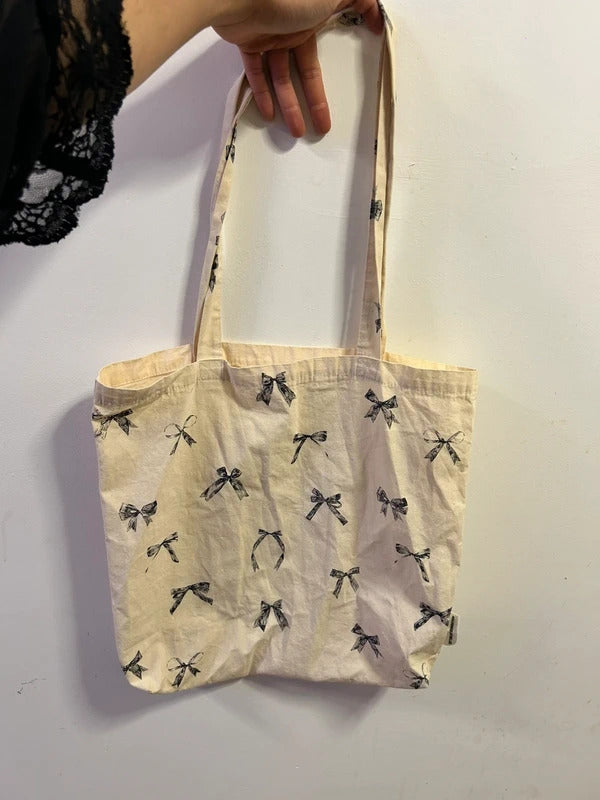 Coquette Bow Print Cotton Tote Bag Balletcore Canvas Shopper Minimalist