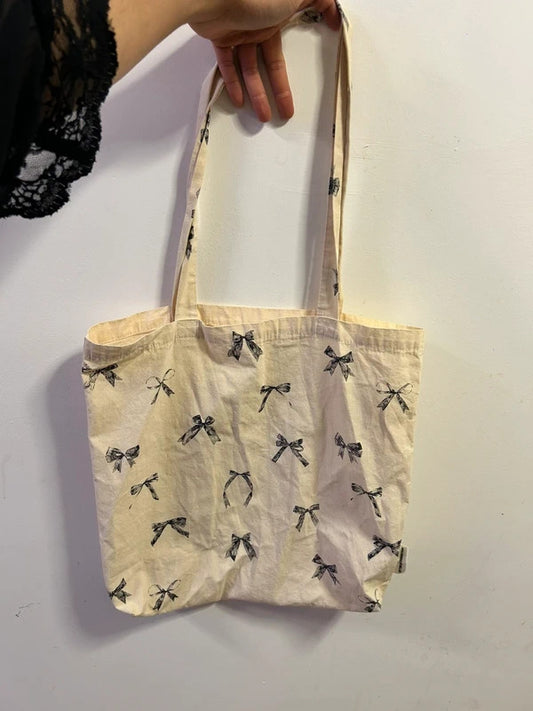 Coquette Bow Print Cotton Tote Bag Balletcore Canvas Shopper Minimalist