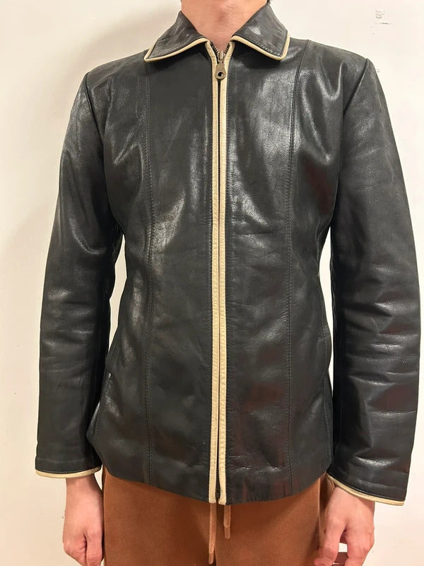 mdk major design black real leather fitted jacket size s