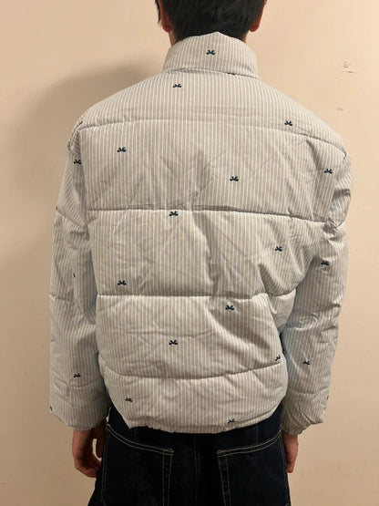 Blue Striped Cropped Puffer Jacket Small Embroidered Bow Detail