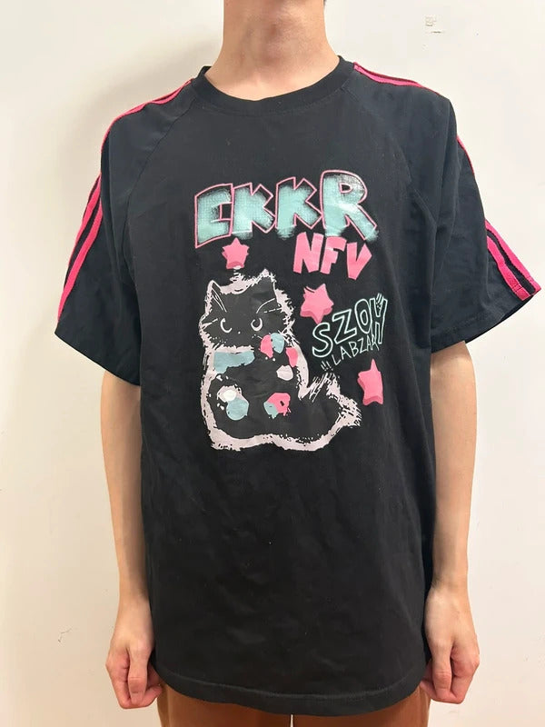 korean black cat graphic t shirt m l pink stripe y2k kawaii tee