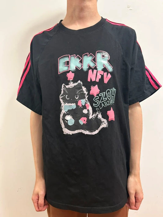 korean black cat graphic t shirt m l pink stripe y2k kawaii tee
