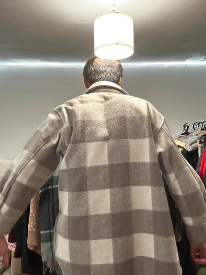 H&M Oversized Taupe & Cream Blanket-Check Overshirt Jacket