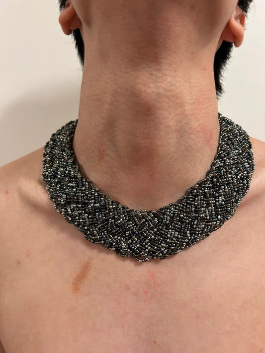 dark silver beaded statement collar necklace