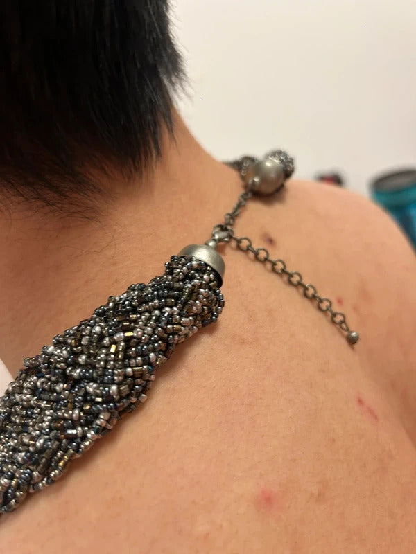 dark silver beaded statement collar necklace