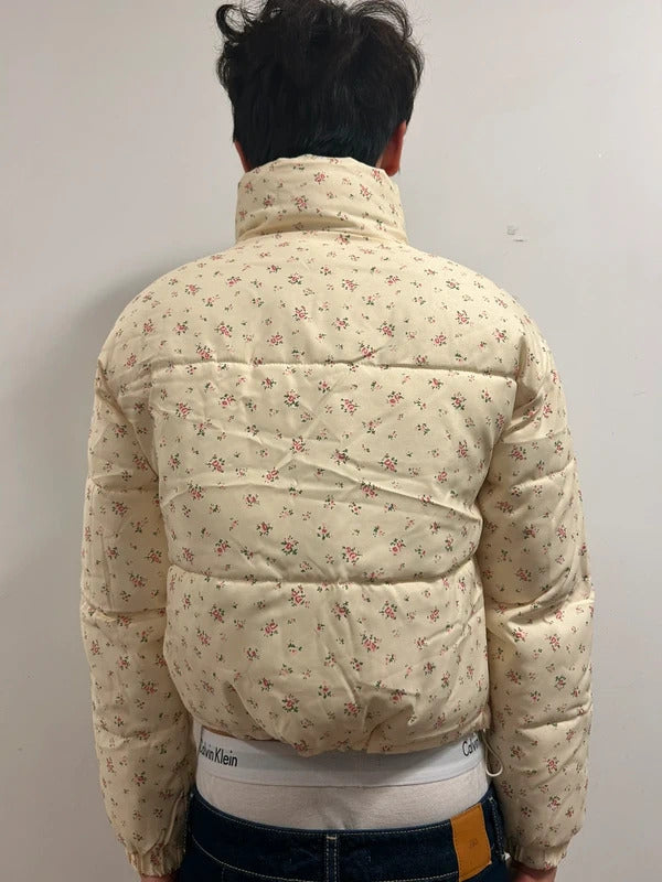 Cream Floral Cropped Puffer Jacket Women’s Small