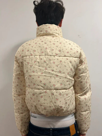 Cream Floral Cropped Puffer Jacket Women’s Small