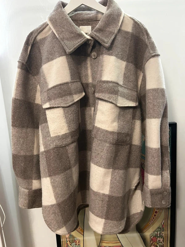 H&M Oversized Taupe & Cream Blanket-Check Overshirt Jacket