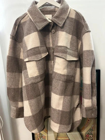 H&M Oversized Taupe & Cream Blanket-Check Overshirt Jacket