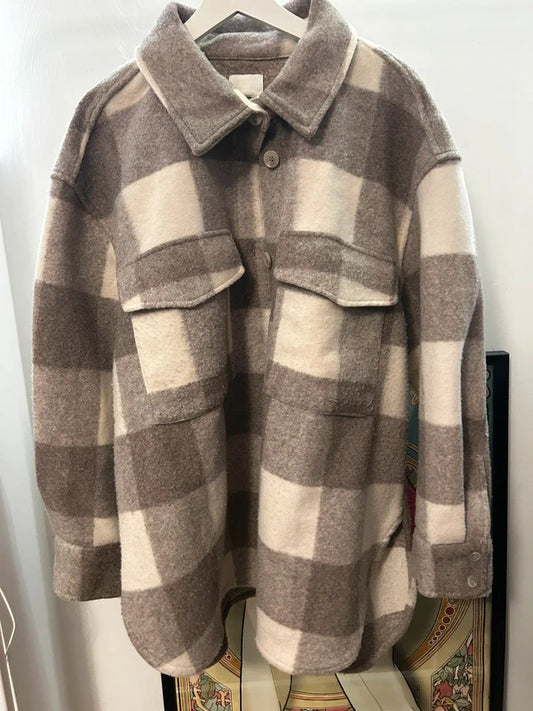 H&M Oversized Taupe & Cream Blanket-Check Overshirt Jacket
