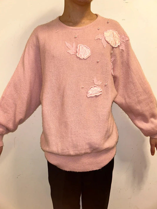 Bramble Lane Pink Floral Pearl Knit Jumper L Cottagecore Vintage  Sweater