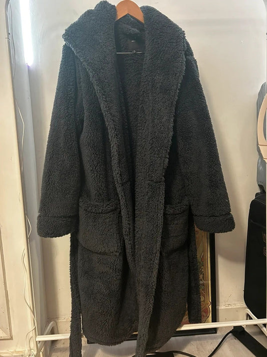 NEXT Slate Grey Borg Hooded Oversized Teddy Fleece Robe Coat