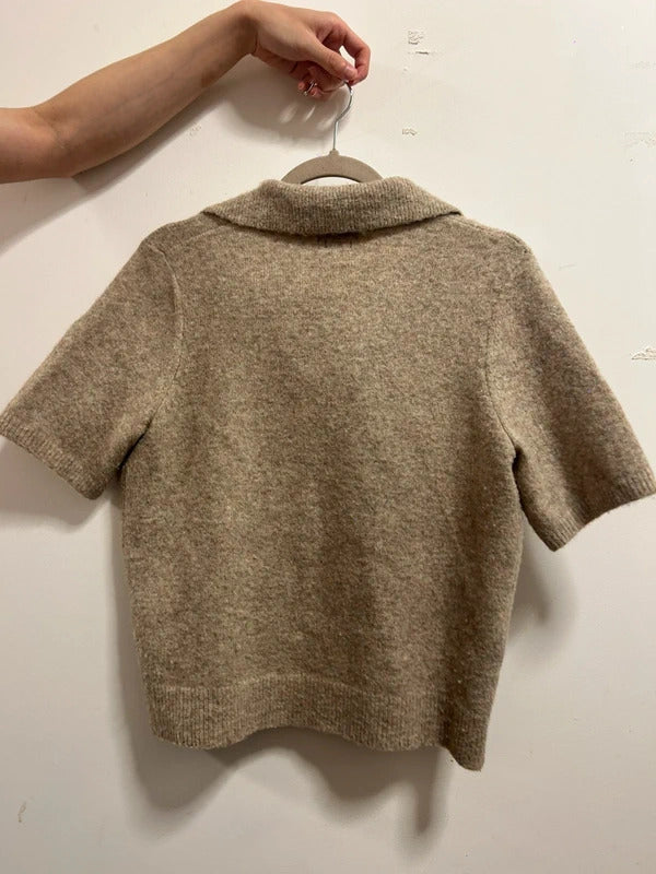 old money Gloria Jeans Beige Wool Blend short sleeve Knit polo top Size M