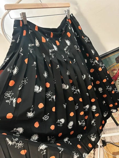 Country Casuals 1980s-Style Black Pleated Midi Skirt Orange Floral Print UK 16
