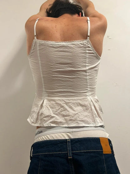 Brandy Melville White Cotton Button Front Peplum Cami Top