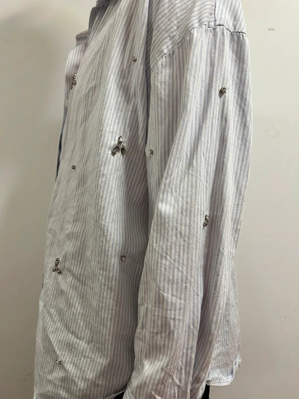 Primark Paris Blue Striped Rhinestone Shirt S Embellished Cotton Button Up