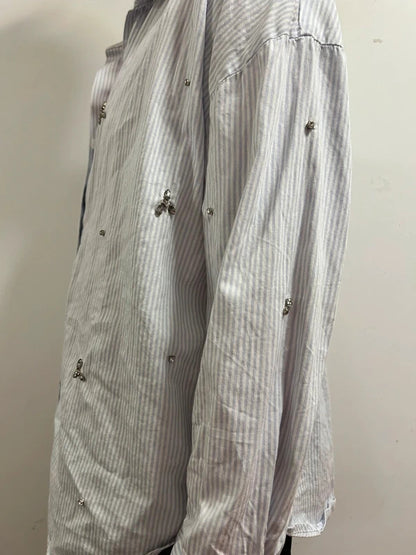 Primark Paris Blue Striped Rhinestone Shirt S Embellished Cotton Button Up