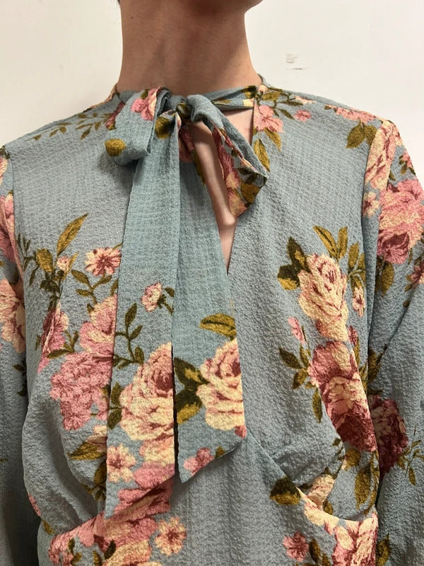 korean boutique blue floral tie neck blouse uk 16-18