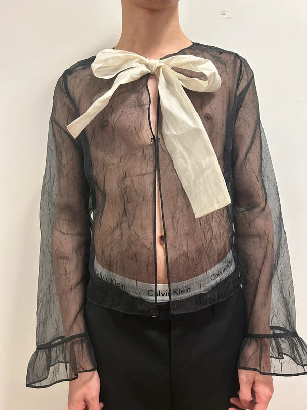 black mesh bow blouse uk 14 sheer black blouse with white bow
