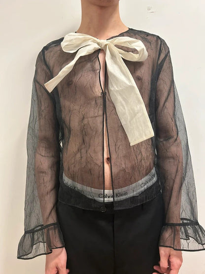 black mesh bow blouse uk 14 sheer black blouse with white bow