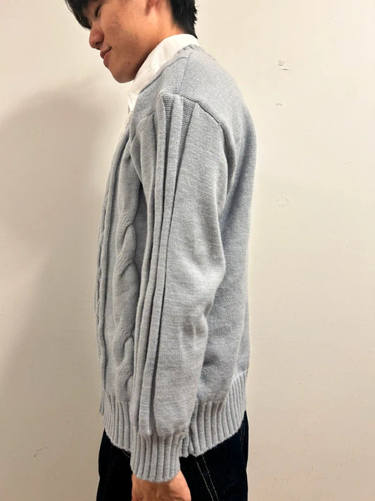 Old Money Academia Grey Cable Knit Mock-Layered Jumper M/L