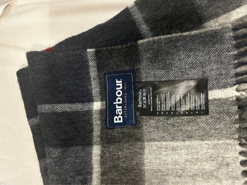 Barbour Grey Tartan Lambswool Cashmere Scarf with Tags Black Check