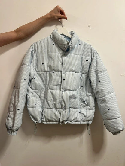 Blue Striped Cropped Puffer Jacket Small Embroidered Bow Detail