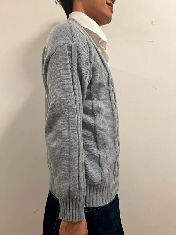 Old Money Academia Grey Cable Knit Mock-Layered Jumper M/L