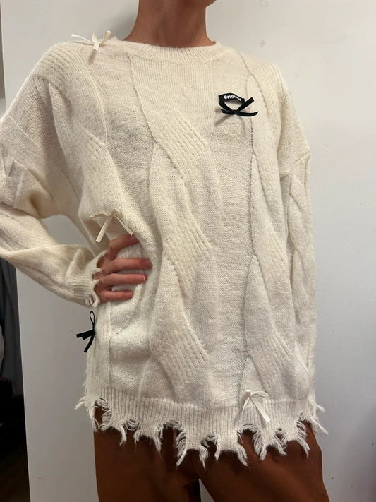 Cream Distressed Oversized Bow Knit Jumper | Coquette Grunge 2XL