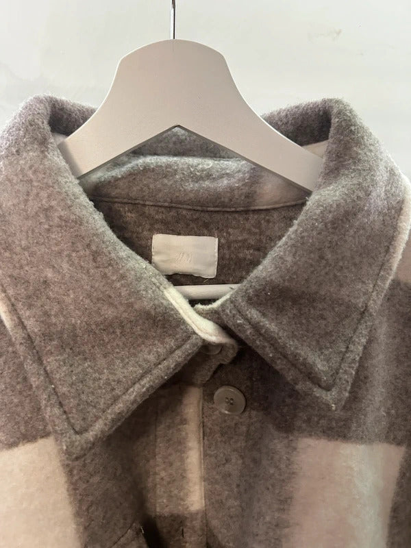 H&M Oversized Taupe & Cream Blanket-Check Overshirt Jacket
