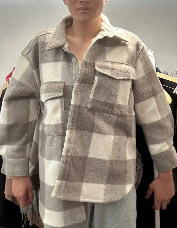 H&M Oversized Taupe & Cream Blanket-Check Overshirt Jacket