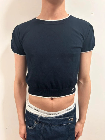 Korean Navy Contrast Trim Cropped Knit Top | Preppy Baby Tee XS–S