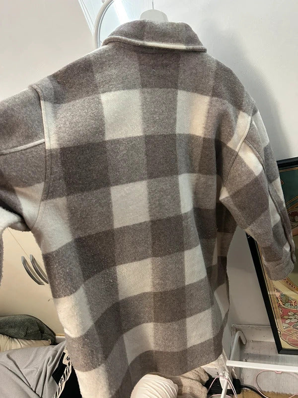 H&M Oversized Taupe & Cream Blanket-Check Overshirt Jacket
