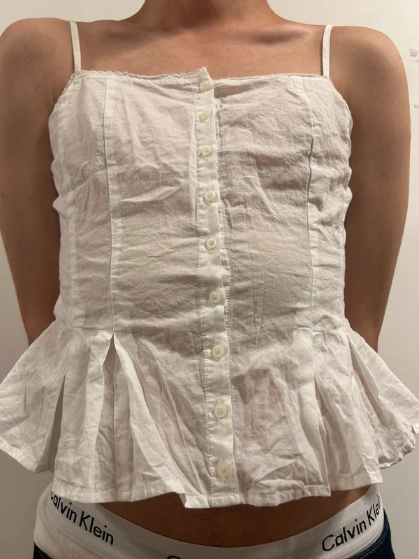 Brandy Melville White Cotton Button Front Peplum Cami Top