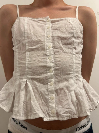 Brandy Melville White Cotton Button Front Peplum Cami Top