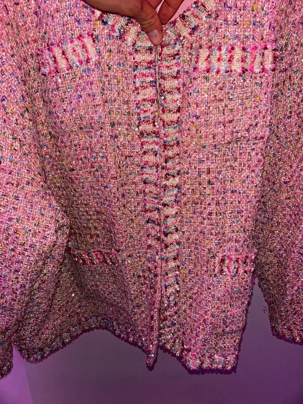 Korean  Pink Sequin Tweed Jacket Plus Size UK 22+