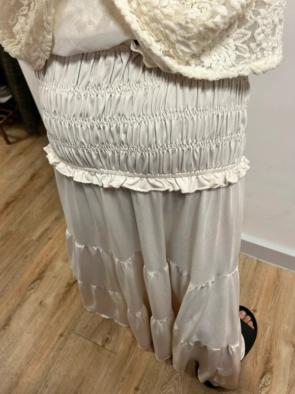 Cream Tiered Maxi Skirt with Shirred Waist & Ruffle Detail