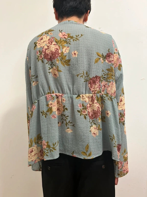 korean boutique blue floral tie neck blouse uk 16-18