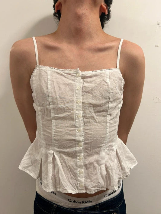 Brandy Melville White Cotton Button Front Peplum Cami Top