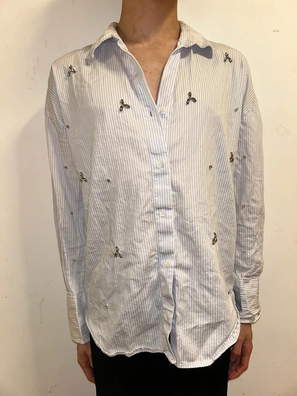 Primark Paris Blue Striped Rhinestone Shirt S Embellished Cotton Button Up