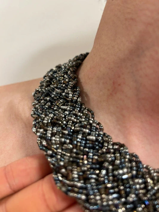 dark silver beaded statement collar necklace