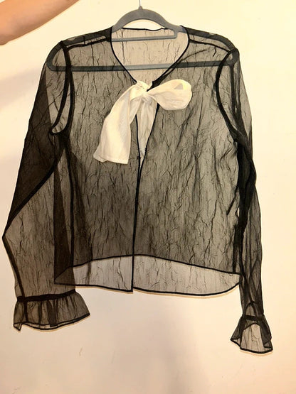 black mesh bow blouse uk 14 sheer black blouse with white bow