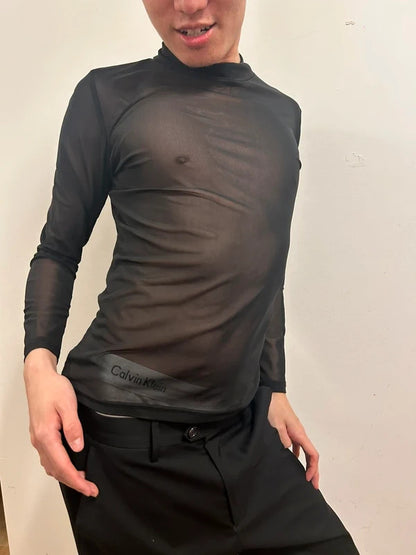 anvi black sheer mesh long sleeve top l y2k clubwear