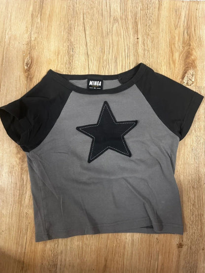 Minga London Star Patch Cropped Baby Tee | Grey Black Y2K XS