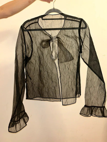 black mesh bow blouse uk 14 sheer black blouse with white bow