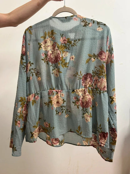 korean boutique blue floral tie neck blouse uk 16-18
