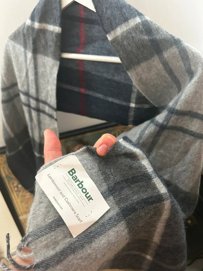 Barbour Grey Tartan Lambswool Cashmere Scarf with Tags Black Check
